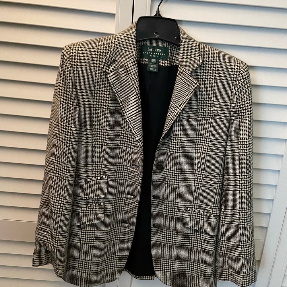 Ralph Lauren Black and Cream Classic Houndstooth Pattern Blazer